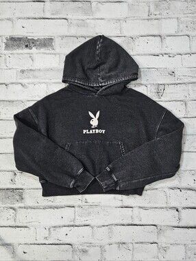 Playboy Cropped Hoodie Acid Wash Black Graphic Sweatshirt Medium